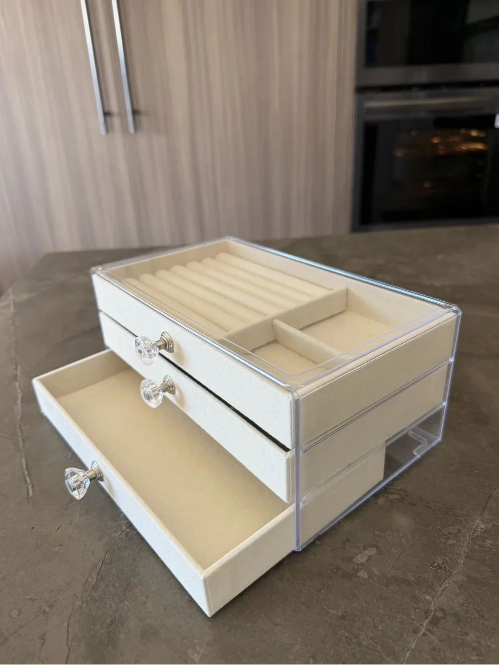 Beige Velvet Jewelry Organizer with Clear Lid